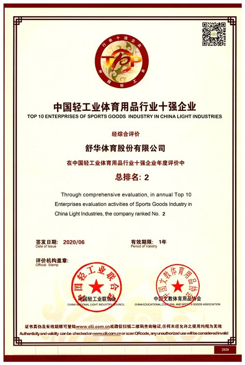 恭贺leyu.乐鱼体育代理的品牌-舒华荣获"中国轻工业体育用品行业十强企业"